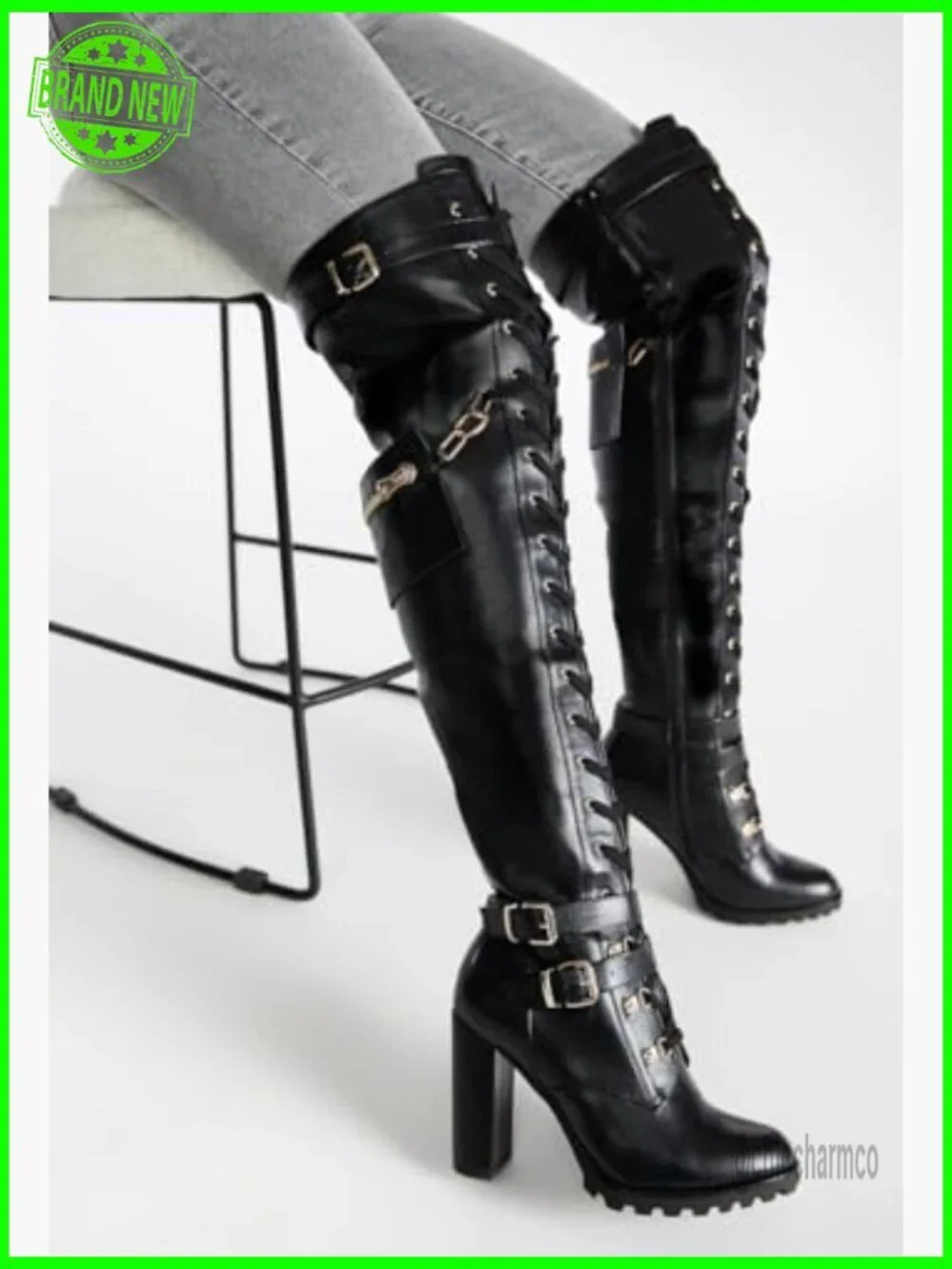 Thigh High Boots Chunky Heel Over The Knee Lace Up Combat Boots Side Zipper